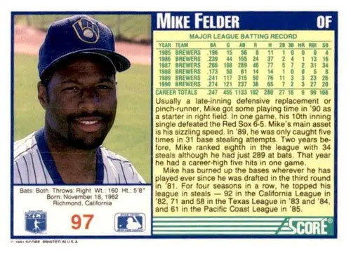 Original gloss Mike Felder baseball card from 1991 Score #97 with Simply Sandoval