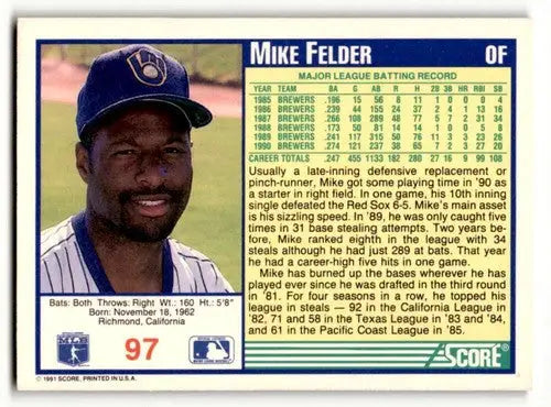 Mike Felder Milwaukee Brewers baseball card with original gloss from 1991 Score #97