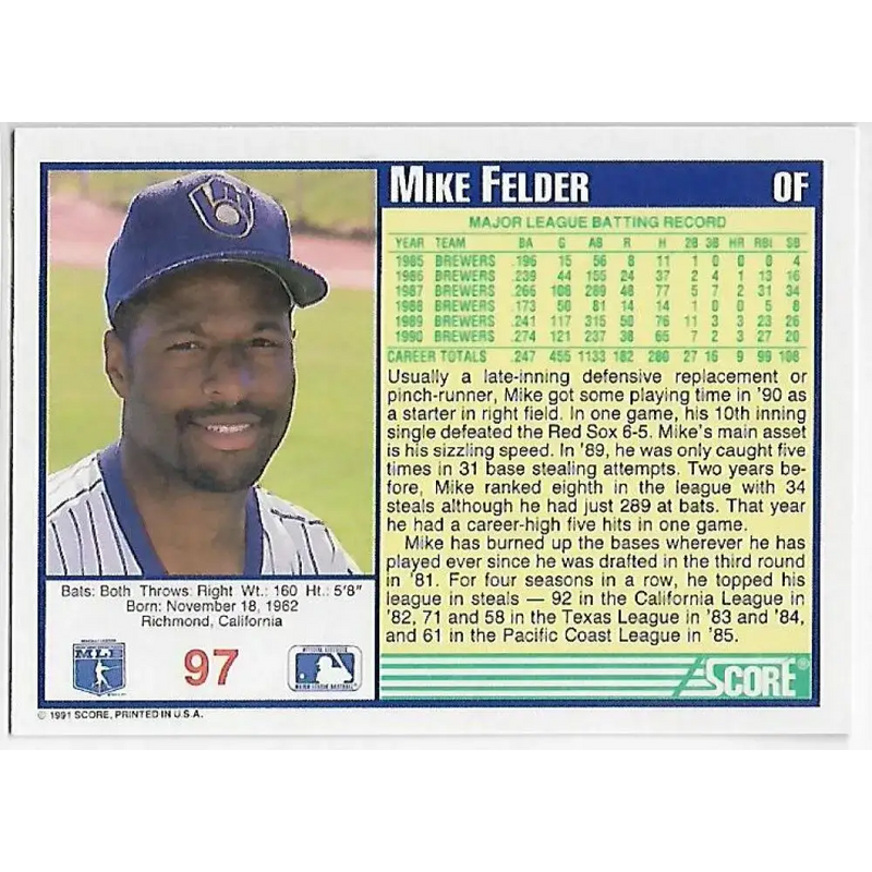 1991 Score #97 Mike Felder NM-MT Milwaukee Brewers Baseball Card - Baseball Card Single