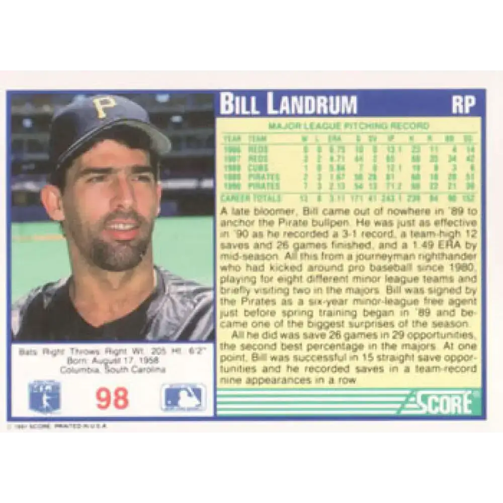 1991 Score #98 Bill Landrum NM-MT Pittsburgh Pirates Baseball Card - Baseball Card Single