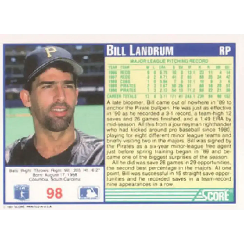 1991 Score #98 Bill Landrum NM-MT Pittsburgh Pirates Baseball Card - Baseball Card Single