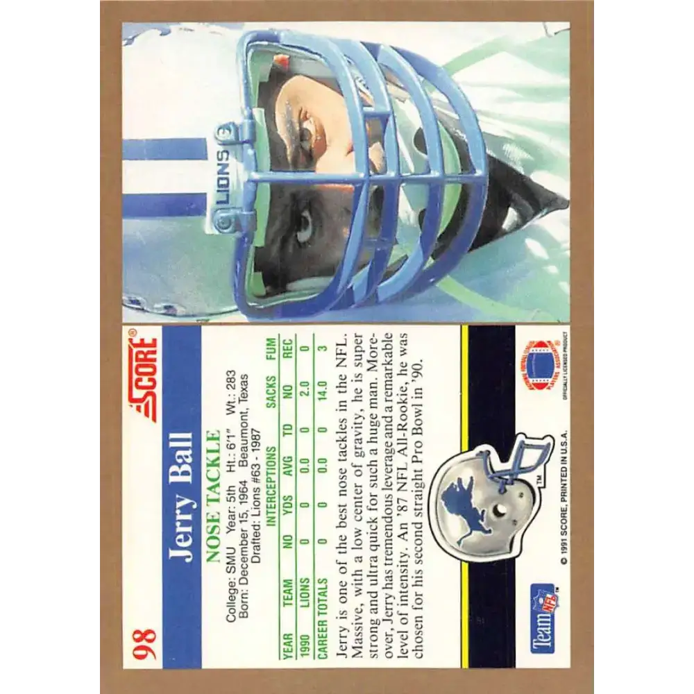 1991 Score #98 Jerry Ball EX Excellent Detroit Lions Football Card - Football Card Single
