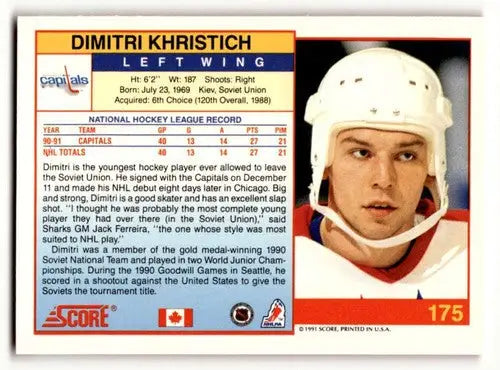 Original gloss 1991 Score Canadian Dmitri Khristich hockey card near mint or better