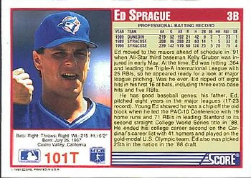 1991 Score Rookie and Traded #101T Ed Sprague NM-MT Toronto Blue Jays Baseball Card - Baseball Card Single