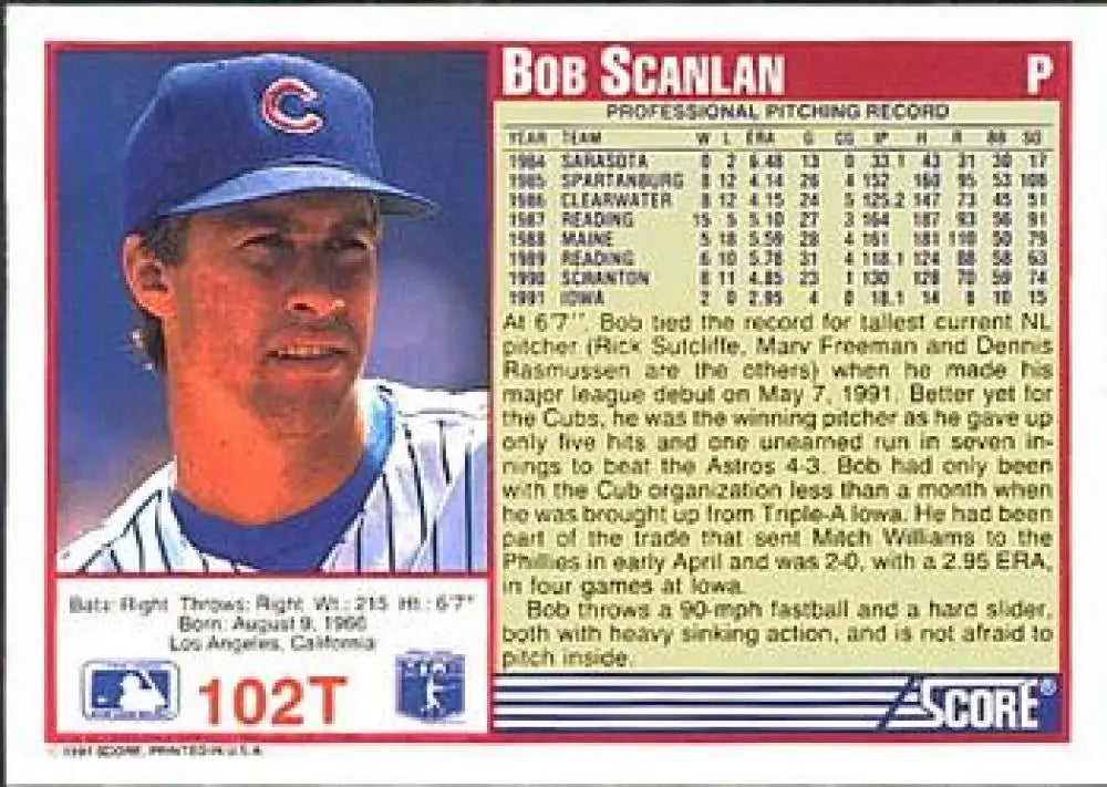 1991 Score Rookie and Traded #102T Bob Scanlan NM-MT RC Rookie Chicago Cubs Baseball Card - Baseball Card Single