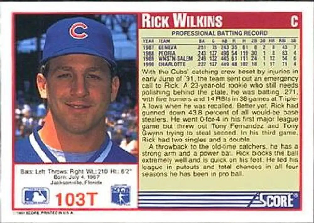 1991 Score Rookie and Traded #103T Rick Wilkins NM-MT RC Rookie Chicago Cubs Baseball Card - Baseball Card Single