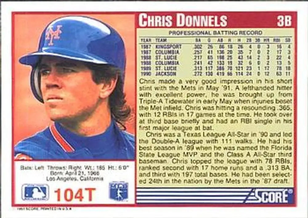 1991 Score Rookie and Traded #104T Chris Donnels NM-MT RC Rookie New York Mets Baseball Card - Baseball Card Single