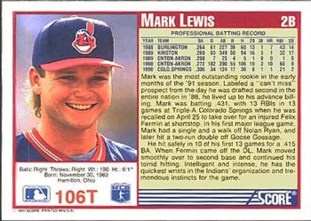 1991 Score Rookie and Traded #106T Mark Lewis NM-MT Cleveland Indians Baseball Card - Baseball Card Single