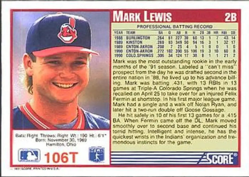 1991 Score Rookie and Traded #106T Mark Lewis NM-MT Cleveland Indians Baseball Card - Baseball Card Single