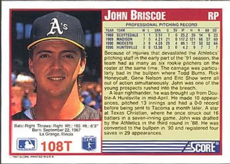 1991 Score Rookie and Traded #108T John Briscoe NM-MT RC Rookie Oakland Athletics Baseball Card - Baseball Card Single