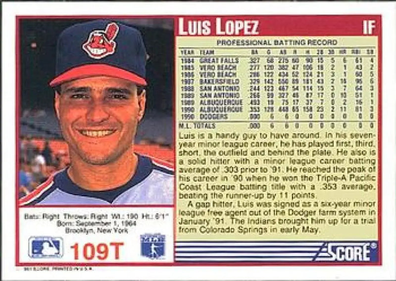 1991 Score Rookie and Traded #109T Luis Lopez NM-MT RC Rookie Cleveland Indians Baseball Card - Baseball Card Single