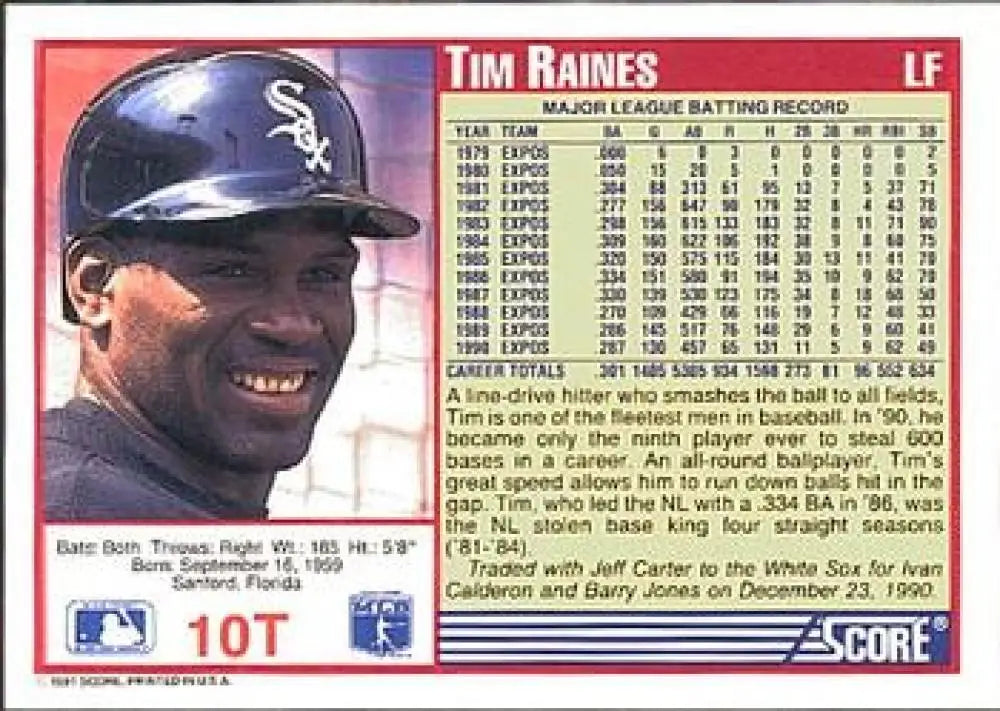 1991 Score Rookie and Traded #10T Tim Raines NM-MT Chicago White Sox Baseball Card - Baseball Card Single