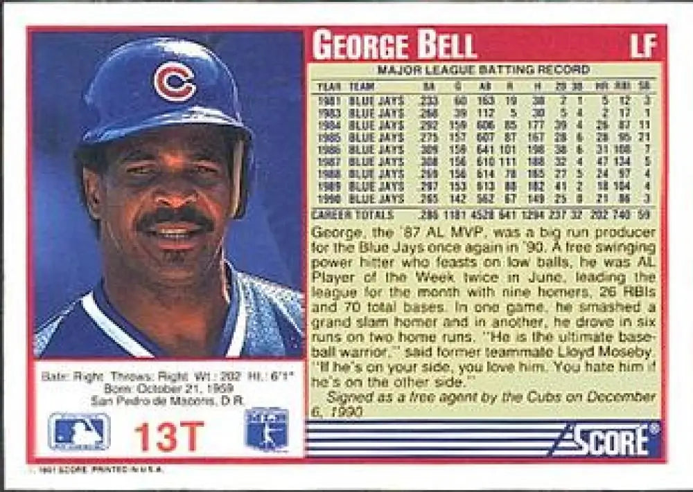 1991 Score Rookie and Traded #13T George Bell NM-MT Chicago Cubs Baseball Card - Baseball Card Single