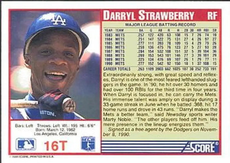 1991 Score Rookie and Traded #16T Darryl Strawberry NM-MT Los Angeles Dodgers Baseball Card - Baseball Card Single