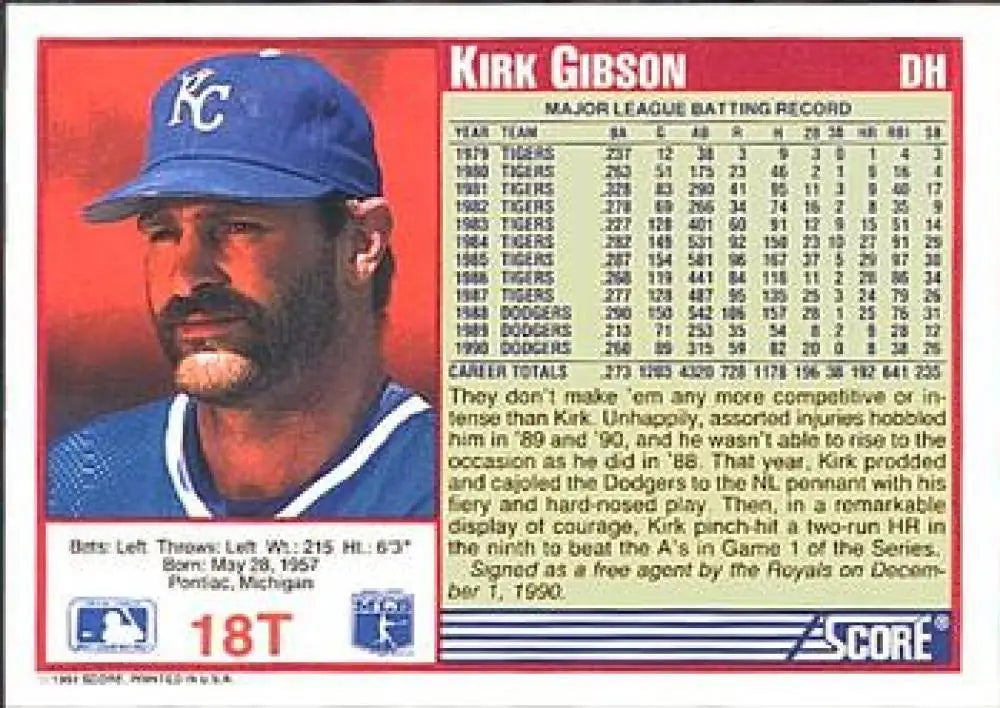 1991 Score Rookie and Traded #18T Kirk Gibson NM-MT Kansas City Royals Baseball Card - Baseball Card Single