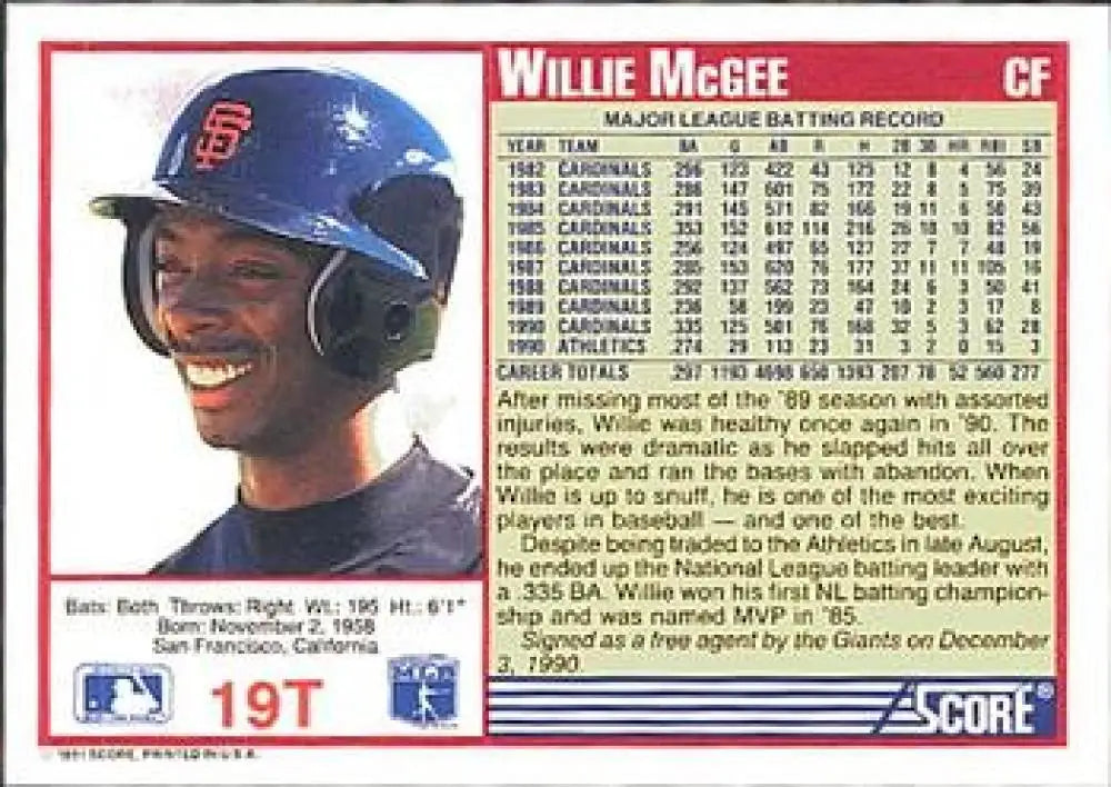 1991 Score Rookie and Traded #19T Willie McGee NM-MT San Francisco Giants Baseball Card - Baseball Card Single