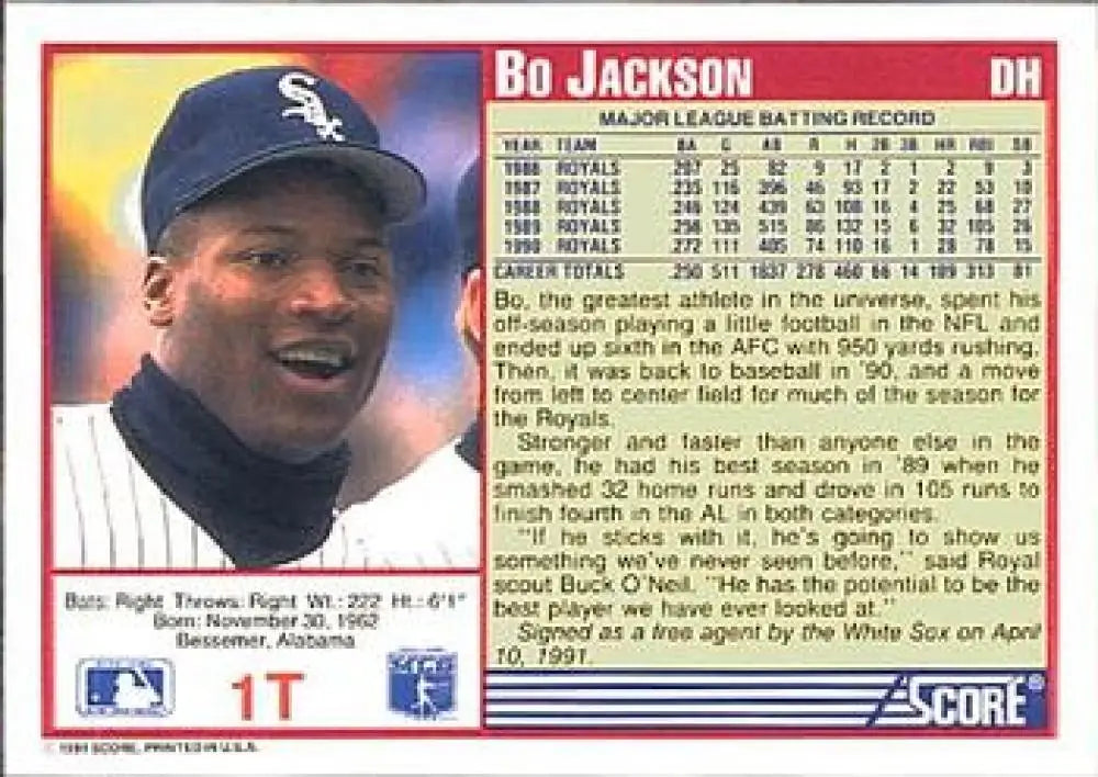 1991 Score Rookie and Traded #1T Bo Jackson NM-MT Chicago White Sox Baseball Card - Baseball Card Single