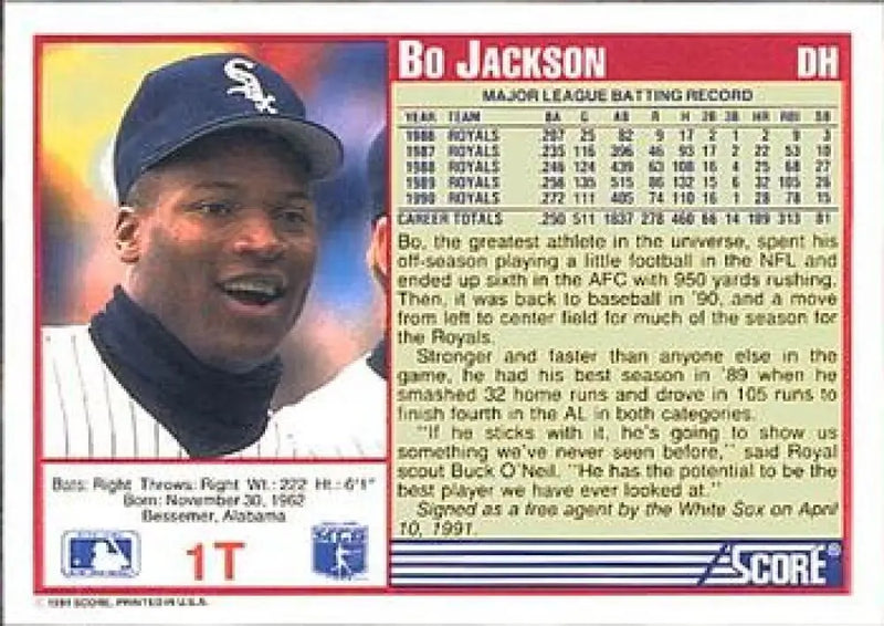 1991 Score Rookie and Traded #1T Bo Jackson NM-MT Chicago White Sox Baseball Card - Baseball Card Single