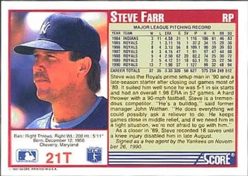 1991 Score Rookie and Traded #21T Steve Farr NM-MT New York Yankees Baseball Card - Baseball Card Single