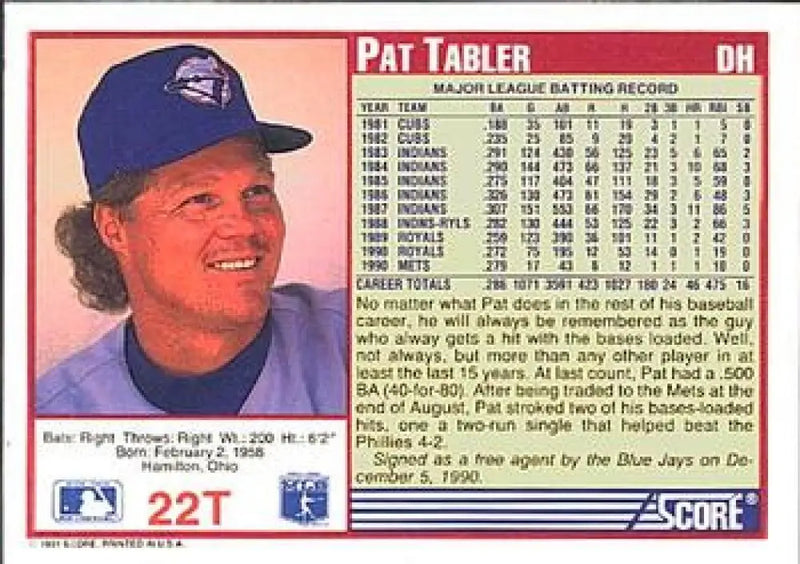 1991 Score Rookie and Traded #22T Pat Tabler NM-MT Toronto Blue Jays Baseball Card - Baseball Card Single