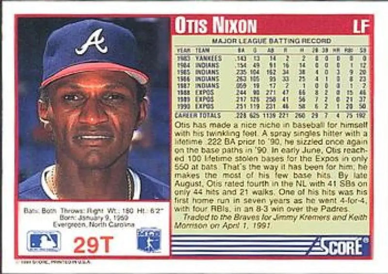 1991 Score Rookie and Traded #29T Otis Nixon NM-MT Atlanta Braves Baseball Card - Baseball Card Single