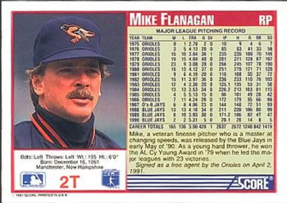 1991 Score Rookie and Traded #2T Mike Flanagan NM-MT Baltimore Orioles Baseball Card - Baseball Card Single