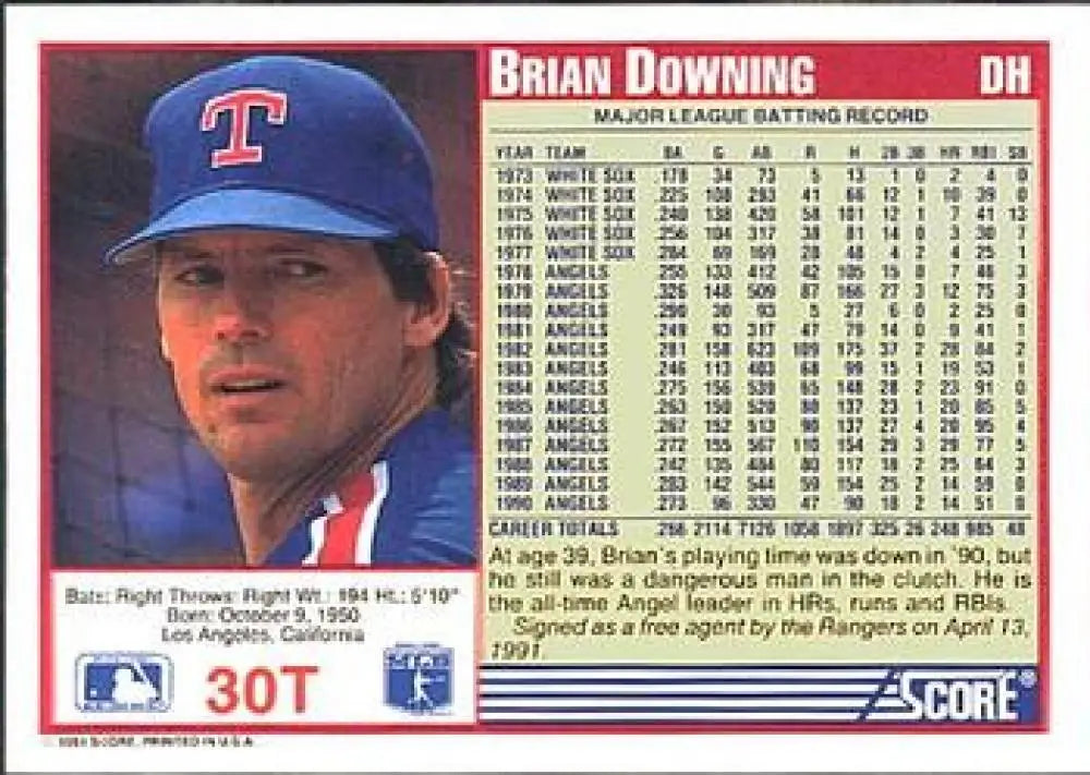 1991 Score Rookie and Traded #30T Brian Downing NM-MT Texas Rangers Baseball Card - Baseball Card Single