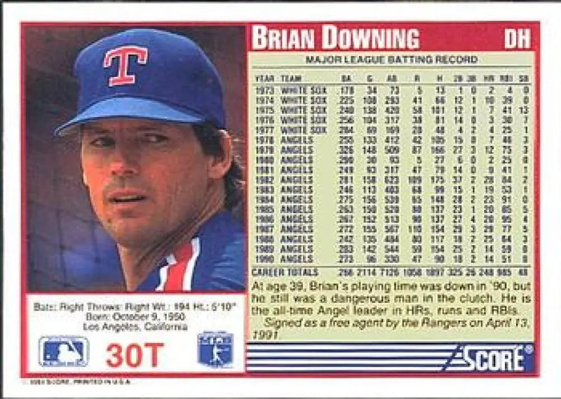 1991 Score Rookie and Traded #30T Brian Downing NM-MT Texas Rangers Baseball Card - Baseball Card Single