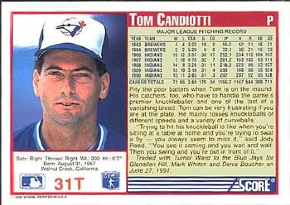 1991 Score Rookie and Traded #31T Tom Candiotti NM-MT Toronto Blue Jays Baseball Card - Baseball Card Single