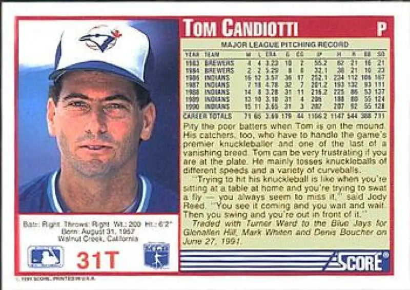 1991 Score Rookie and Traded #31T Tom Candiotti NM-MT Toronto Blue Jays Baseball Card - Baseball Card Single