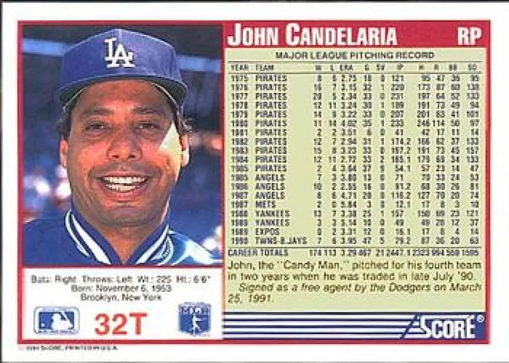 1991 Score Rookie and Traded #32T John Candelaria NM-MT Los Angeles Dodgers Baseball Card - Baseball Card Single