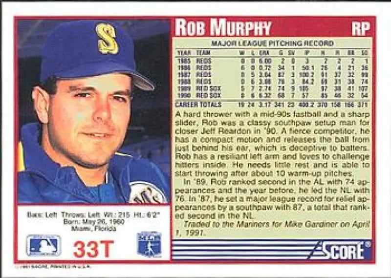 1991 Score Rookie and Traded #33T Rob Murphy NM-MT Seattle Mariners Baseball Card - Baseball Card Single