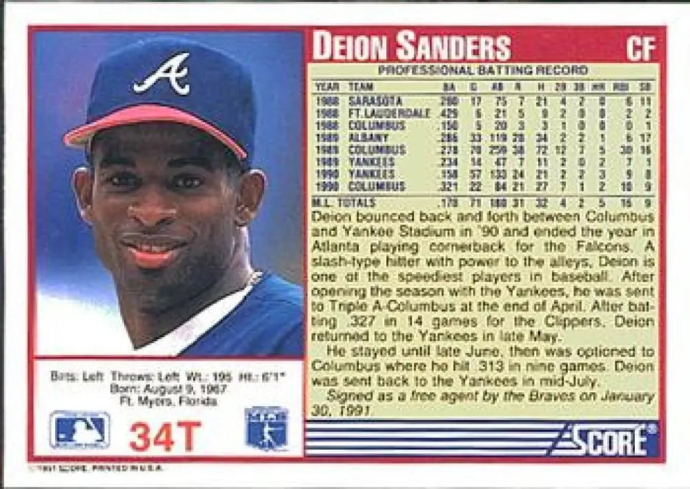 1991 Score Rookie and Traded #34T Deion Sanders NM-MT Atlanta Braves Baseball Card - Baseball Card Single