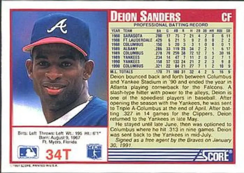 1991 Score Rookie and Traded #34T Deion Sanders NM-MT Atlanta Braves Baseball Card - Baseball Card Single