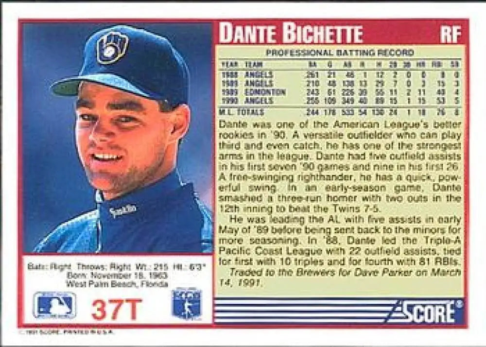 1991 Score Rookie and Traded #37T Dante Bichette NM-MT Milwaukee Brewers Baseball Card
