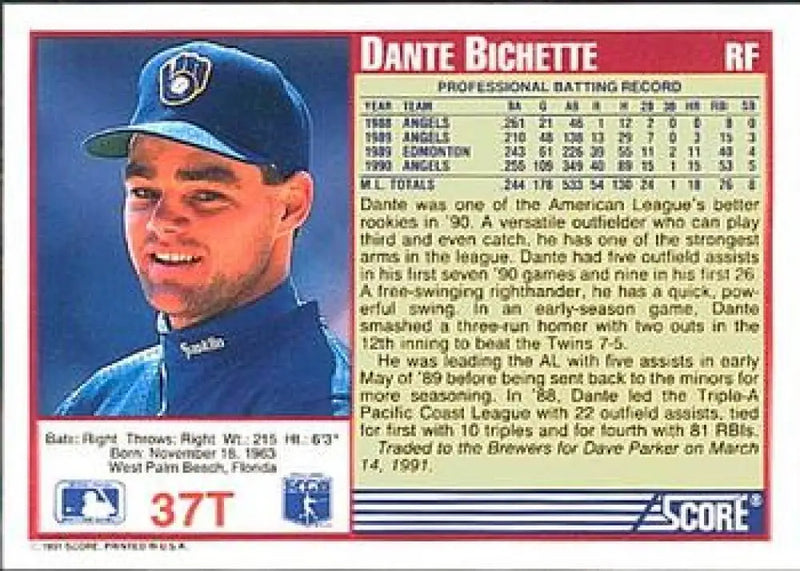 1991 Score Rookie and Traded #37T Dante Bichette NM-MT Milwaukee Brewers Baseball Card