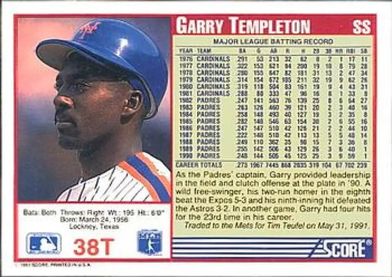1991 Score Rookie and Traded #38T Garry Templeton NM-MT New York Mets Baseball Card - Baseball Card Single