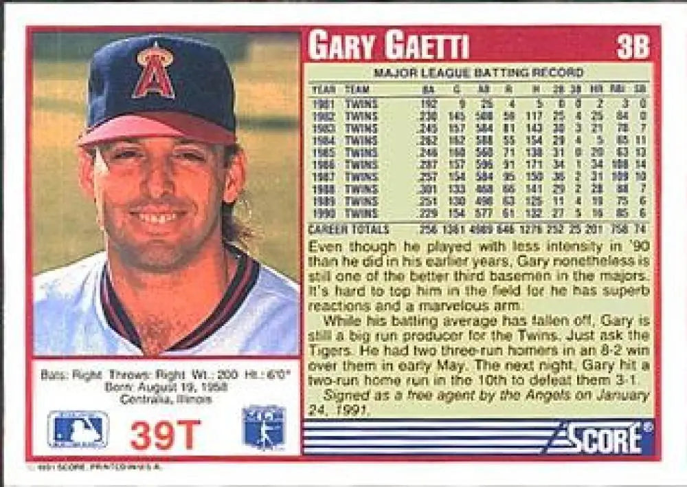 1991 Score Rookie and Traded #39T Gary Gaetti NM-MT California Angels Baseball Card - Baseball Card Single