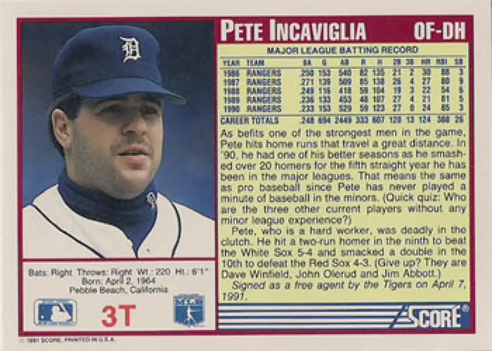 1991 Score Rookie and Traded #3T Pete Incaviglia NM-MT Detroit Tigers Baseball Card - Baseball Card Single
