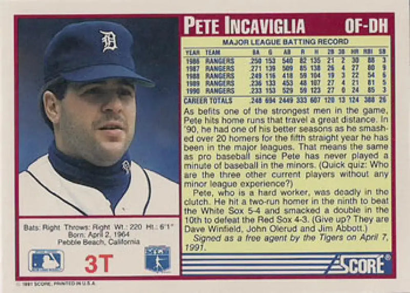 1991 Score Rookie and Traded #3T Pete Incaviglia NM-MT Detroit Tigers Baseball Card - Baseball Card Single