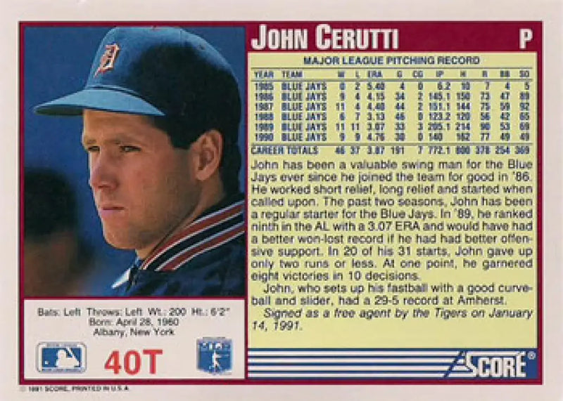 1991 Score Rookie and Traded #40T John Cerutti NM-MT Detroit Tigers Baseball Card - Baseball Card Single