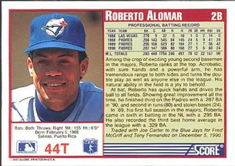 1991 Score Rookie and Traded #44T Roberto Alomar NM-MT Toronto Blue Jays Baseball Card - Baseball Card Single