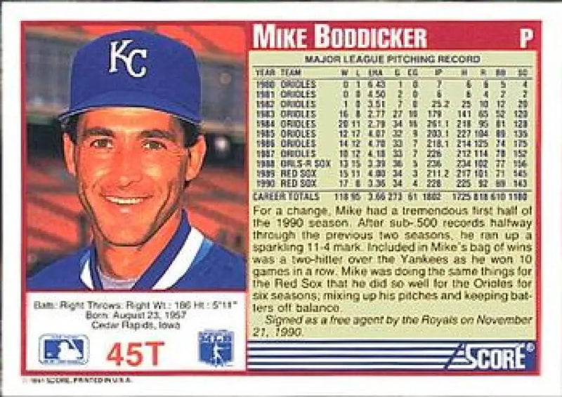 1991 Score Rookie and Traded #45T Mike Boddicker NM-MT Kansas City Royals Baseball Card - Baseball Card Single