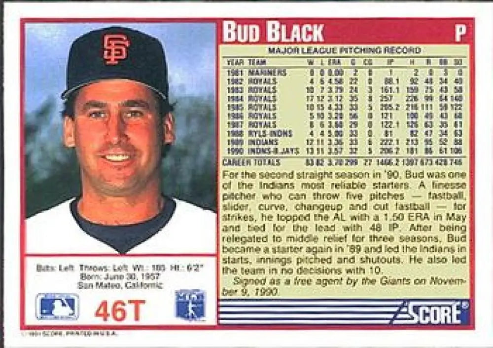1991 Score Rookie and Traded #46T Bud Black NM-MT San Francisco Giants Baseball Card - Baseball Card Single