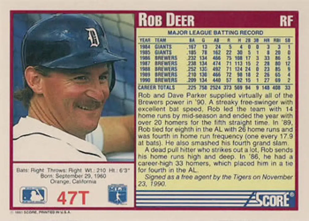1991 Score Rookie and Traded #47T Rob Deer NM-MT Detroit Tigers Baseball Card - Baseball Card Single