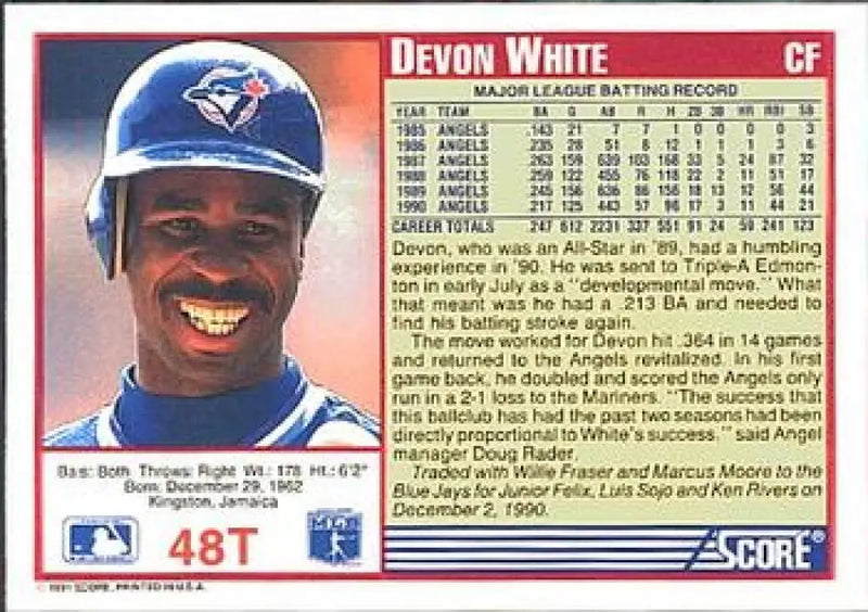 1991 Score Rookie and Traded #48T Devon White NM-MT Toronto Blue Jays Baseball Card - Baseball Card Single