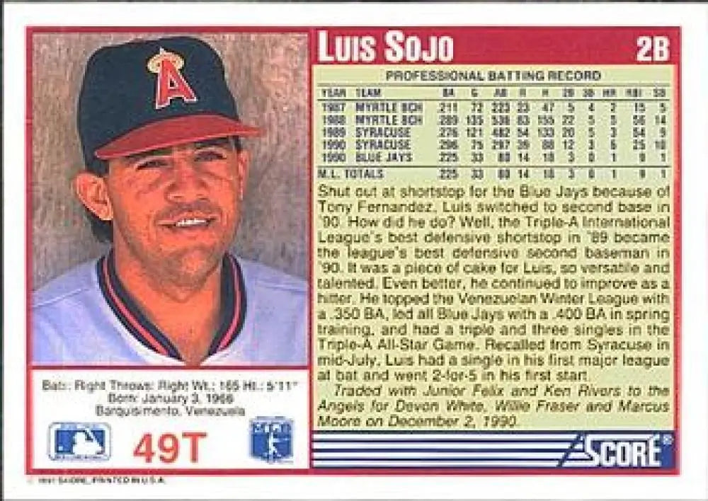 1991 Score Rookie and Traded #49T Luis Sojo NM-MT California Angels Baseball Card - Baseball Card Single