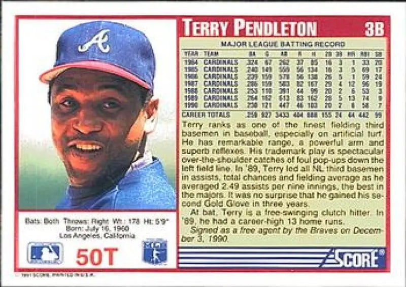 1991 Score Rookie and Traded #50T Terry Pendleton NM-MT Atlanta Braves Baseball Card - Baseball Card Single
