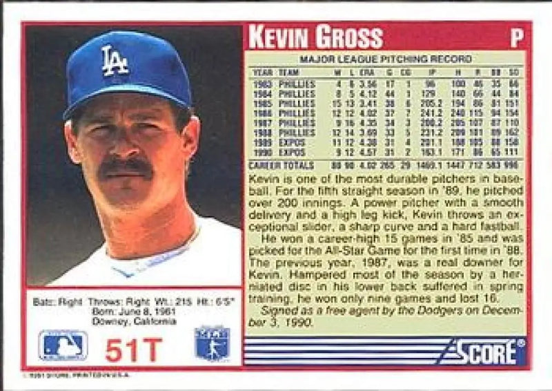 1991 Score Rookie and Traded #51T Kevin Gross NM-MT Los Angeles Dodgers Baseball Card - Baseball Card Single