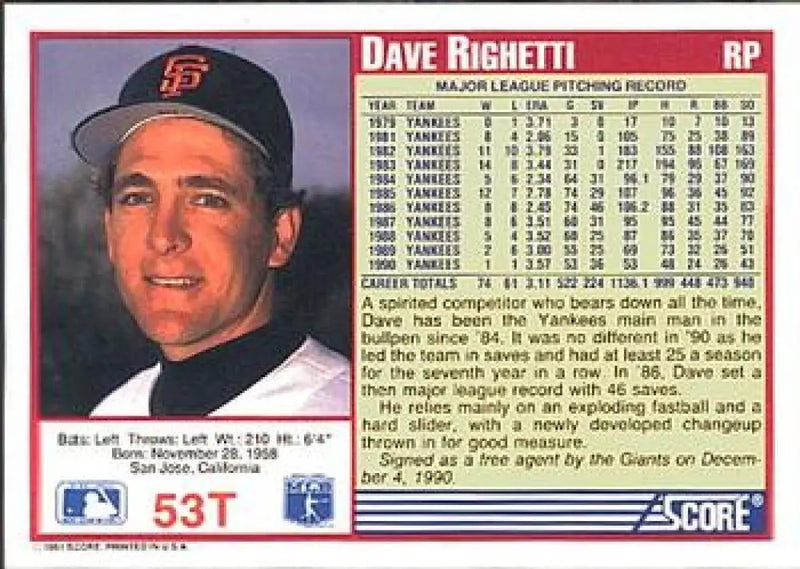 1991 Score Rookie and Traded #53T Dave Righetti NM-MT San Francisco Giants Baseball Card - Baseball Card Single